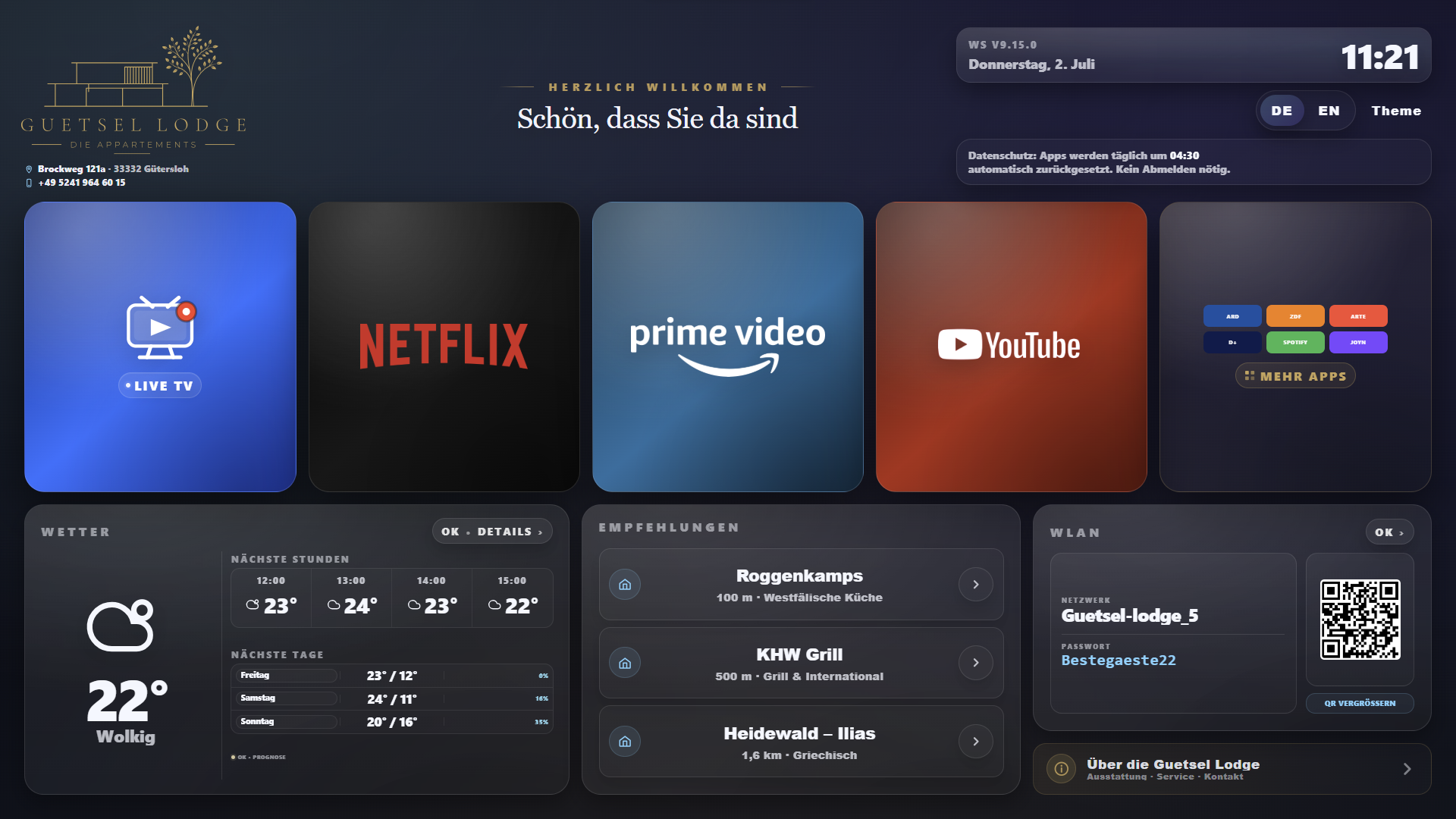 StayPanelTV im Hotelzimmer – Hauptscreen mit Netflix, Wetter und WLAN